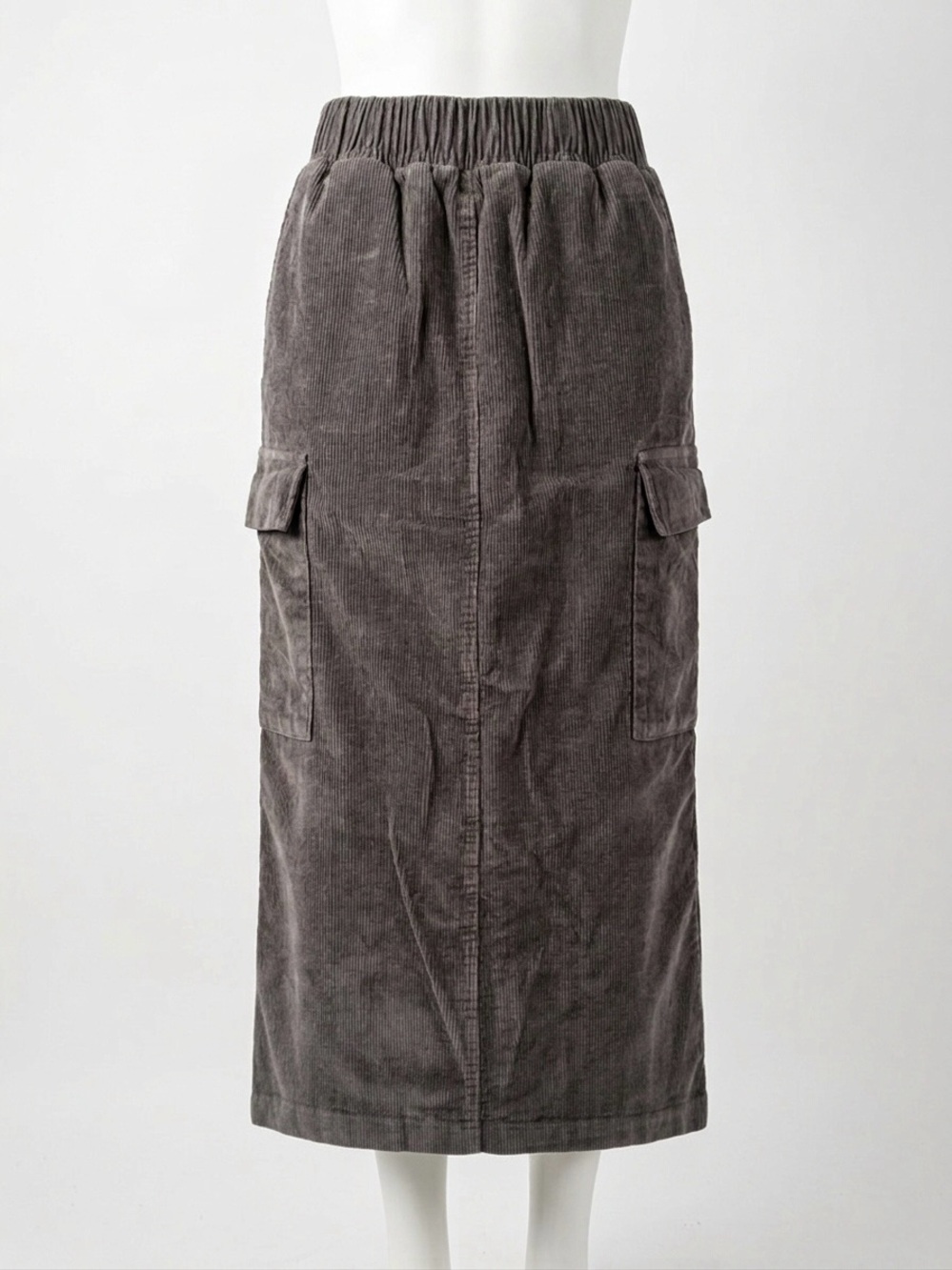 Y2K Grey Corduroy Cargo Long Skirt Elastic Waistband Utility Pockets - Medium